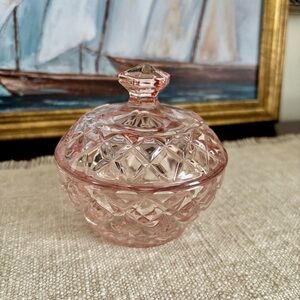 Vintage Pink Pressed Glass Lidded Trinket Dish Vanity Box